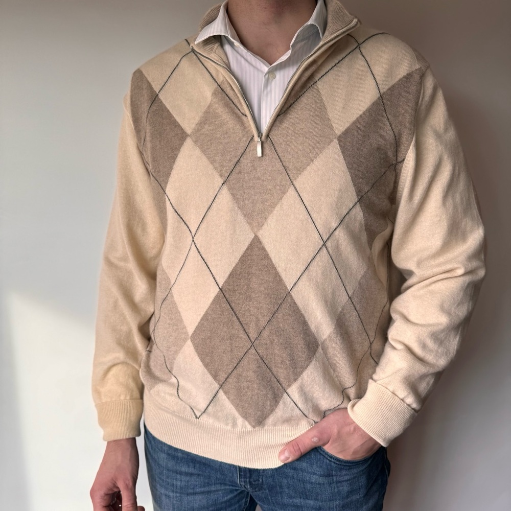 Paul Stuart Designer Sweater 100% Cashmere Quarter Zip Argyle XL